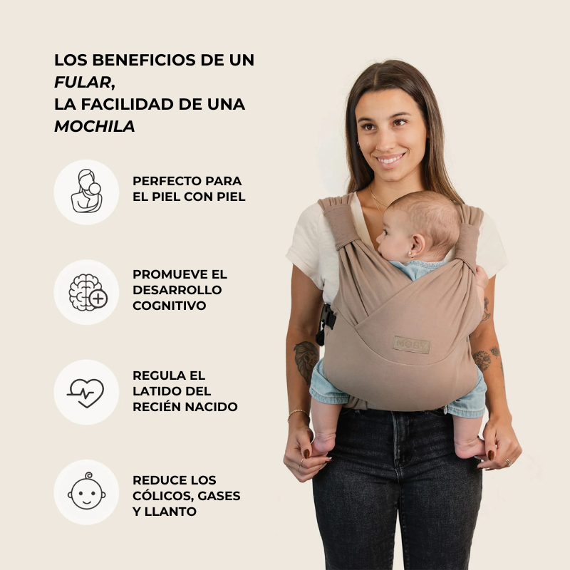 Infografia de las ventajas del fular elastico tipo mochila moby duet